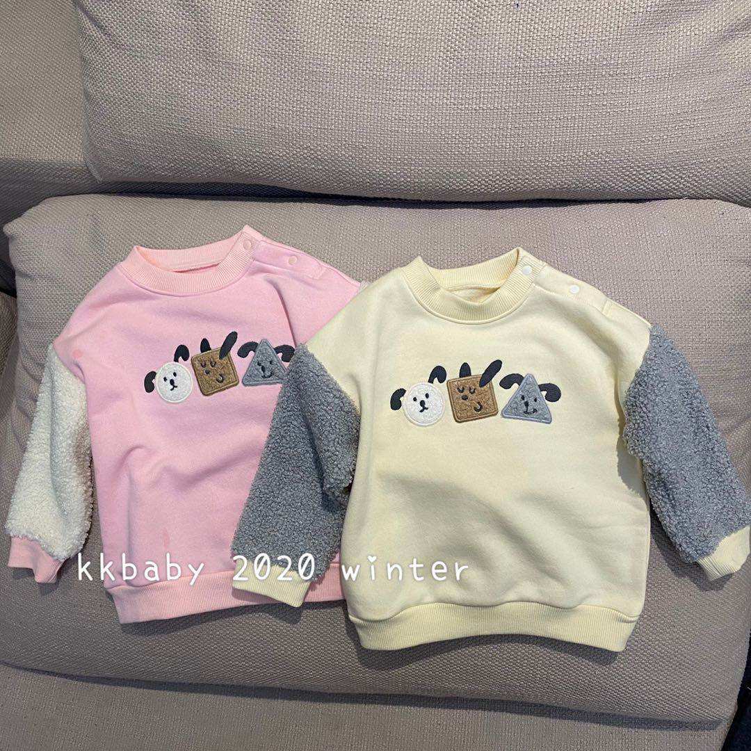 kkbaby 韩国童装原单20年秋冬新款男童女童纯棉拼毛绒袖加绒卫衣