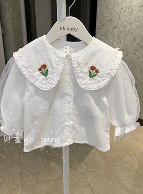 23春女童小中童纯棉舒适洋气时尚休闲百搭白色翻领纱袖长袖衬衫