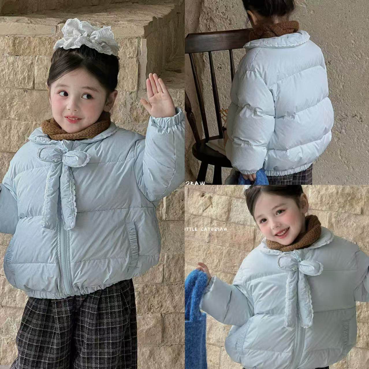 110-150女童浅蓝色蝴蝶结羽绒服