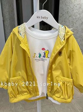 kkbaby韩国童装21春女童洋气时尚休闲可爱宽松拉链亮黄色连帽外套