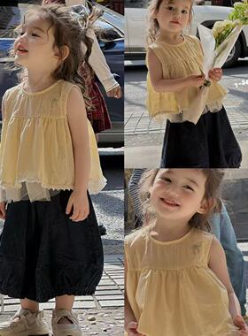 90-130女童25夏款7seven小中童韩版可爱黄色无袖娃娃衫九分灯笼裤