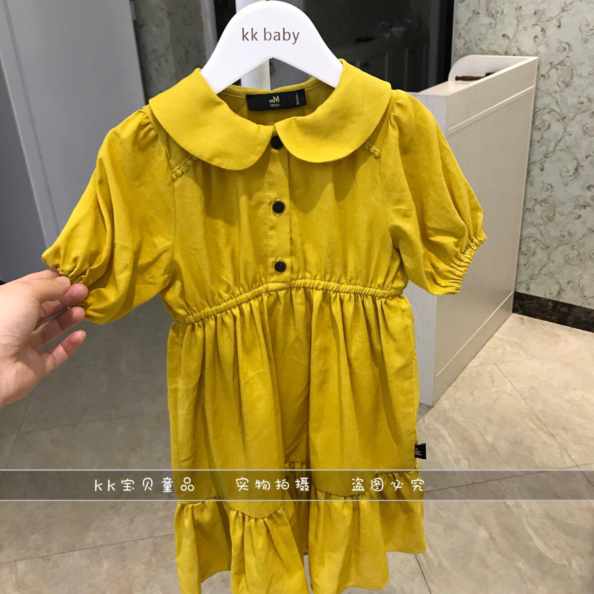 kkbaby韩国童装原单19夏女童宝宝棉麻亮黄色翻领收腰连衣裙长裙子