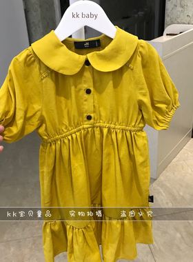 kkbaby韩国童装原单19夏女童宝宝棉麻亮黄色翻领收腰连衣裙长裙子