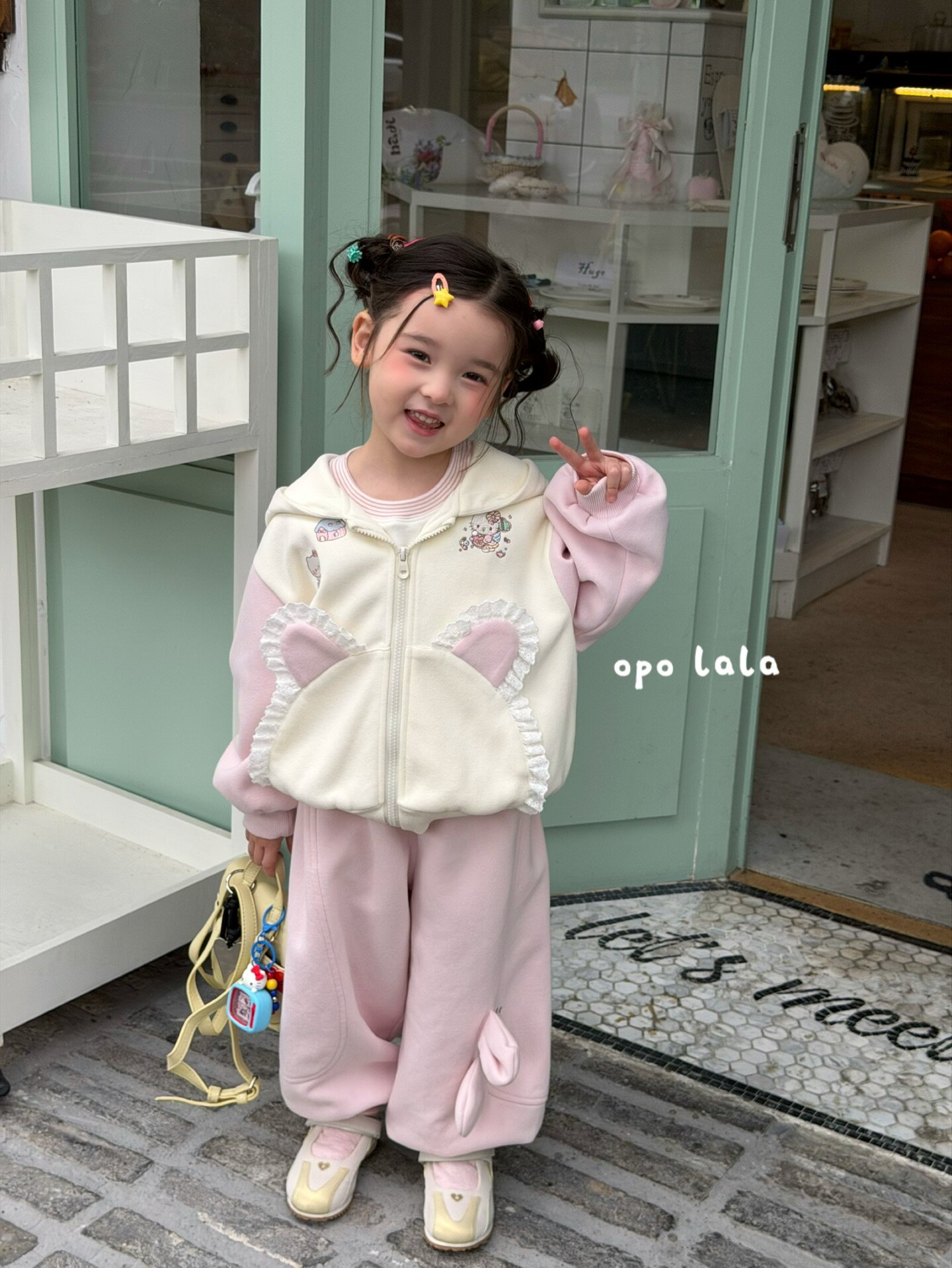opolala90-130小童女童2026秋季新款兔子警官蕾丝花边卫衣两件套