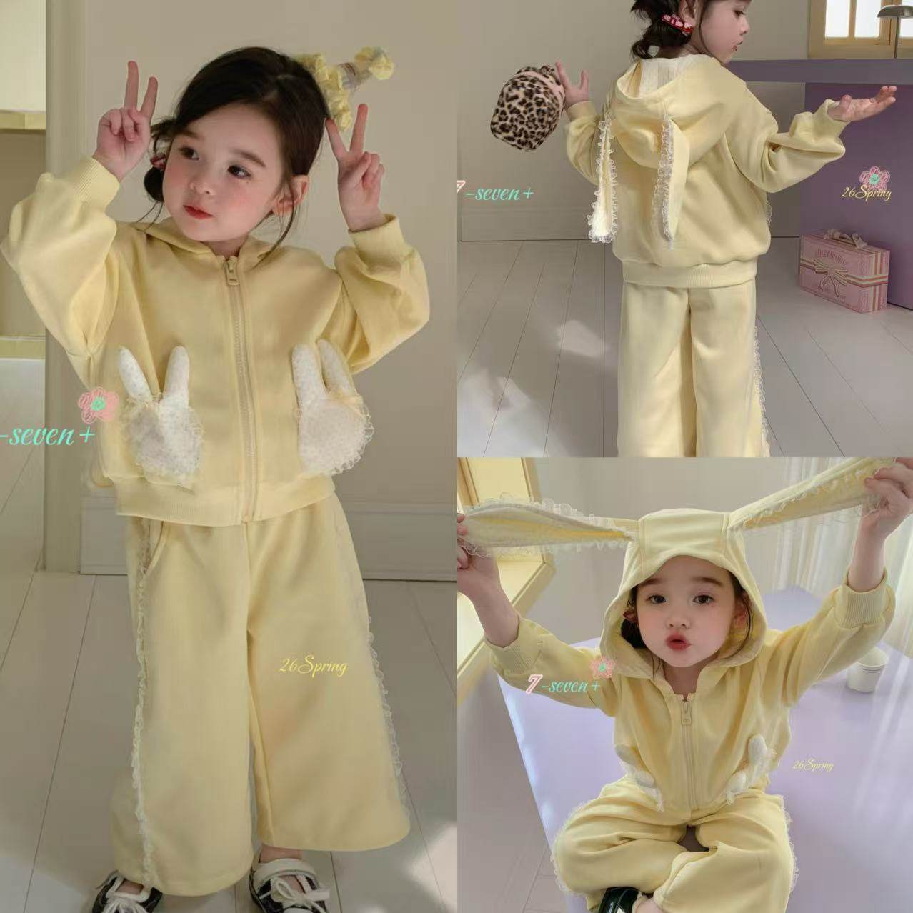 7seven26春90-130女童小中童洋气可爱休闲黄色连帽卫衣卫裤套装