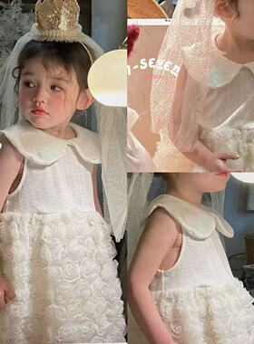 90-130女童25夏款7seven洋气时尚可爱白色无袖公主裙花朵连衣裙