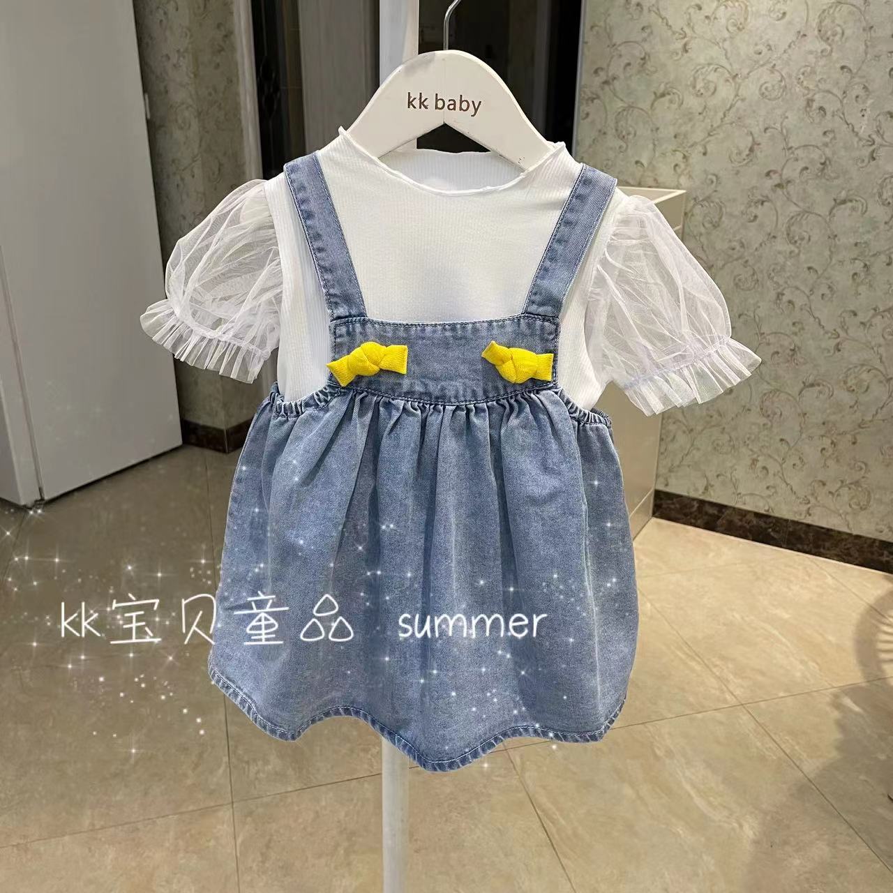 80-120女童牛仔背带裙套装