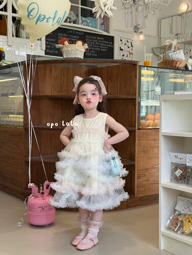 opolala正品90-130女童26夏款彩色网纱无袖蓬蓬公主纱裙连衣裙