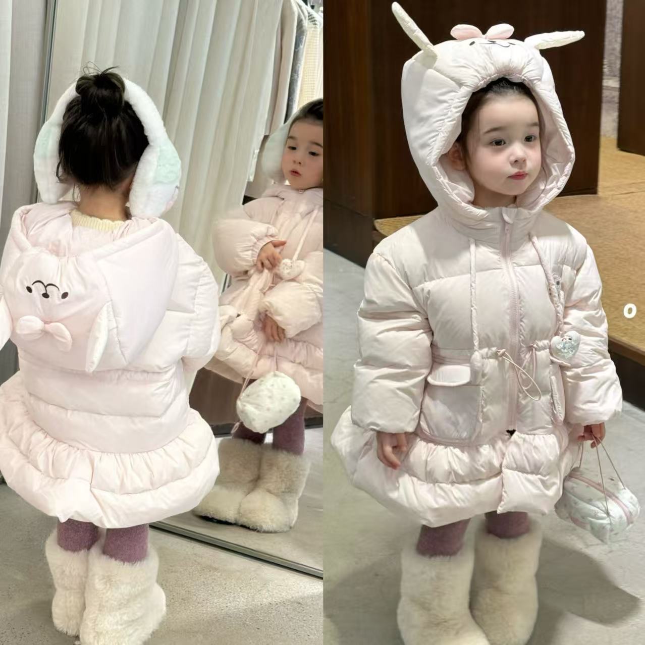 opolala25冬粉色中长款羽绒服