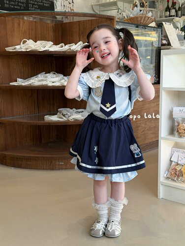 opolala正品90-130女童26夏韩版可爱兔子警官短袖上衣半裙套装
