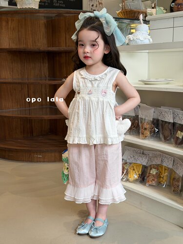 opolala正品90-130女童26夏韩版娃娃领短无袖上衣娃娃衫粉色裤子