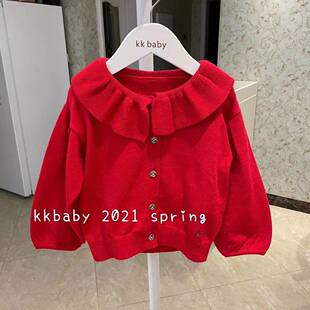 kkbaby韩国童装原单21春女宝宝个性时尚柔软红色毛衣针织开衫外套