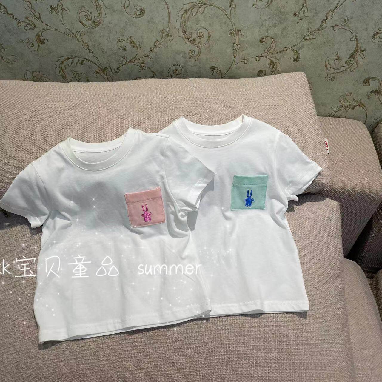 中大童23夏男童女童白色兔子短袖