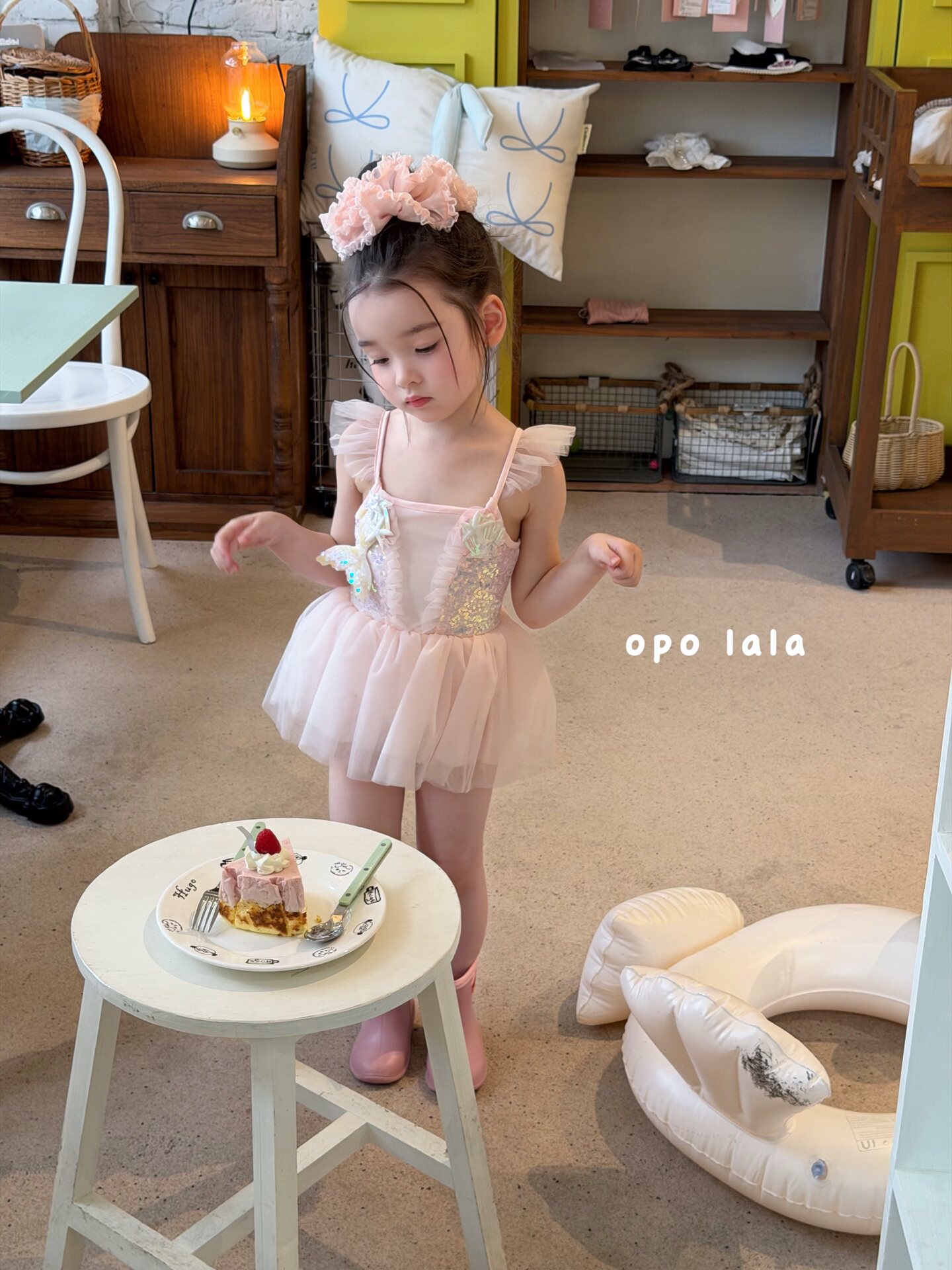 opolala正品90-130女童26夏韩版洋气粉色飞袖美人鱼连体游泳衣