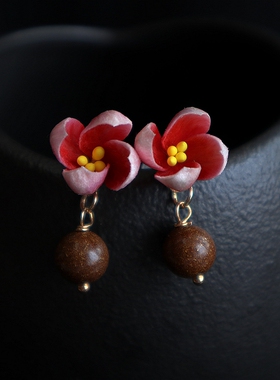 手工中药合香珠耳坠蚕丝绒花耳钉中式风旗袍小巧香珠古方五行正气