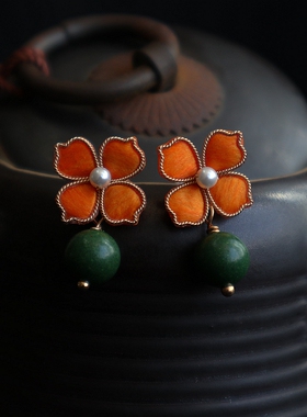 新款纯手工非遗掐丝绒花合香珠耳钉中药香珠古方五行四叶草耳饰品