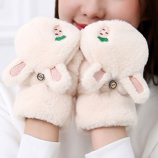 手套冬季 学生半指翻盖毛绒加绒加厚保暖骑行手套 女士可爱卡通韩版
