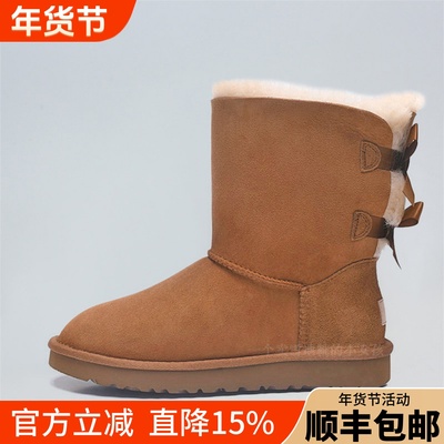2025新款澳洲suaɡugg雪地靴女丝带双蝴蝶结冬季羊皮毛一体中筒靴