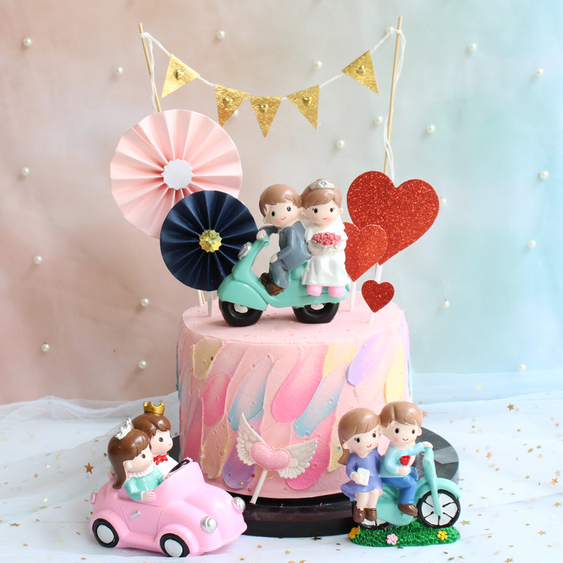520生日蛋糕装饰摆件结婚新娘周年庆情侣纪念骑自行车摩托车公仔