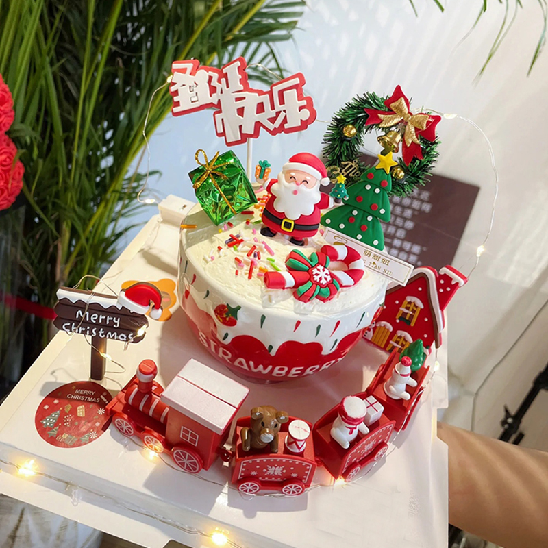 圣诞节蛋糕装饰插件圣诞小火车软胶圣诞老人节日派对烘焙装扮摆件