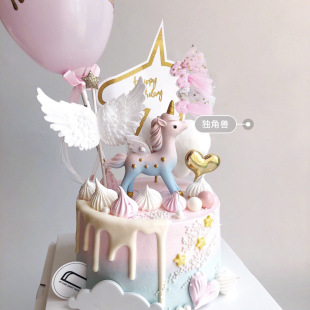 饰甜品台装 粉蓝渐变独角兽摆件ins风生日派对蛋糕装 扮 饰 烘焙装