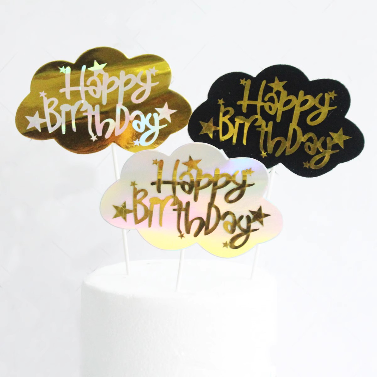 烘焙新款上市装扮装饰镭射圆形反光黑色云朵金字快乐插件生日插牌