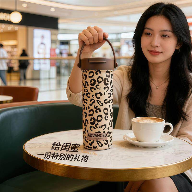 新款大容量不锈钢豹纹保温杯高颜值提手果茶杯便携保冷冰霸杯