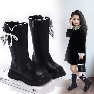 女童长靴2025秋冬新款儿童靴子女孩时尚洋气高筒靴蕾丝皮靴