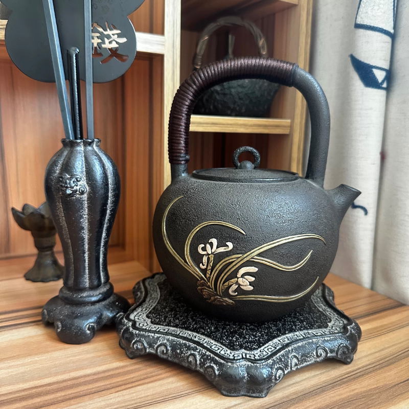 藏王堂全手工 高肉镶嵌银工艺兰花 1000CC 铸铁铁壶 煮水器 家用