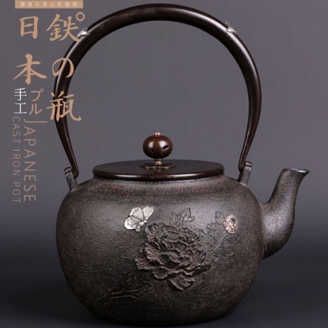 龟文堂进口纯手工无涂层铁壶镶嵌银烧水壶泡茶壶家用