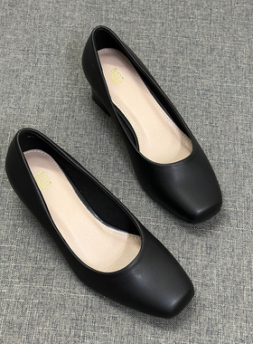 外贸25新款时尚百搭舒适方头粗跟浅口单鞋女一脚蹬正装黑色工作鞋