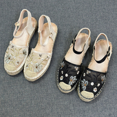 外贸跨境新款 平底女凉鞋 高级感刺绣花卉渔夫鞋 女厚底草编圆头单鞋