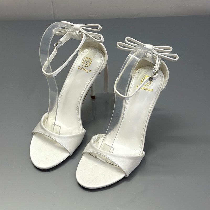 外贸夏季新款白色蝴蝶结细带高跟凉鞋女一字扣露趾性感细跟配裙子