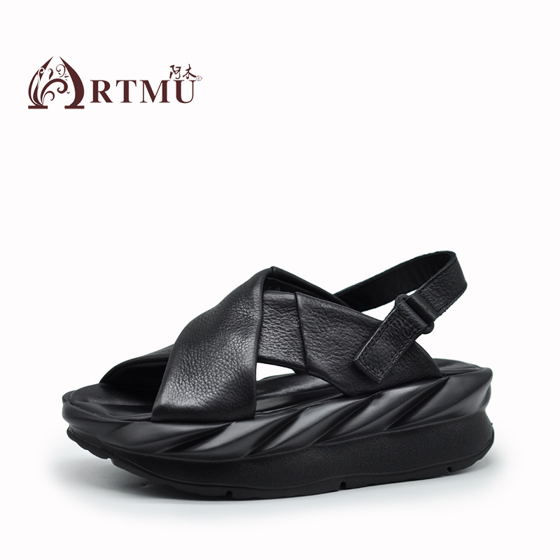 Artmu阿木原创真皮厚底凉鞋2024年女新款黑色坡跟一字带罗马鞋