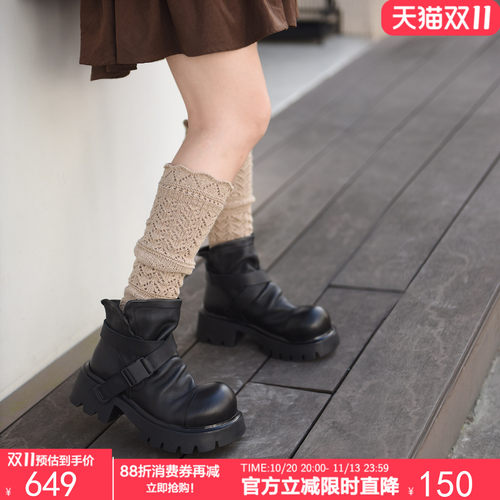 头层牛皮短靴百搭黑色女靴子