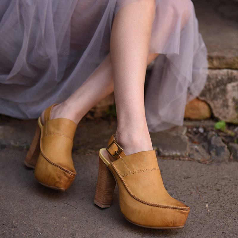 Artmu阿木原创欧美复古高跟包头凉鞋真皮防水台粗跟尖头女鞋