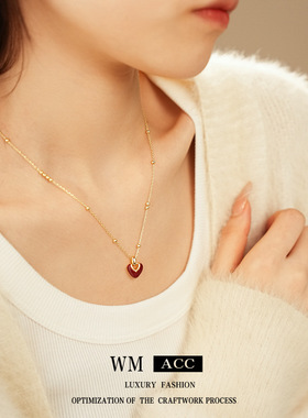 真金电镀红色滴油爱心项链法式复古新款气质锁骨链秋冬高级感项饰
