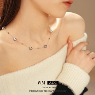 灰色设计感珍珠款项链轻奢高级感气质毛衣链韩系冷淡风独特项饰女