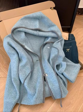 自留款推荐~灰色双拉链连帽针织开衫女秋季新款宽松显瘦软糯毛衣