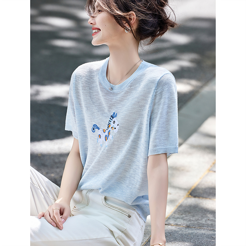 时尚气质针织衫2025年夏季新款女圆领针织薄款刺绣百搭简约上衣
