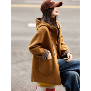 苏醒的乐园连帽绵羊毛大衣2025年冬季新款中长款双面呢外套女装