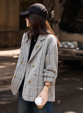 格纹绵羊毛大衣2025年冬季新款双排扣外套女装SXN25041