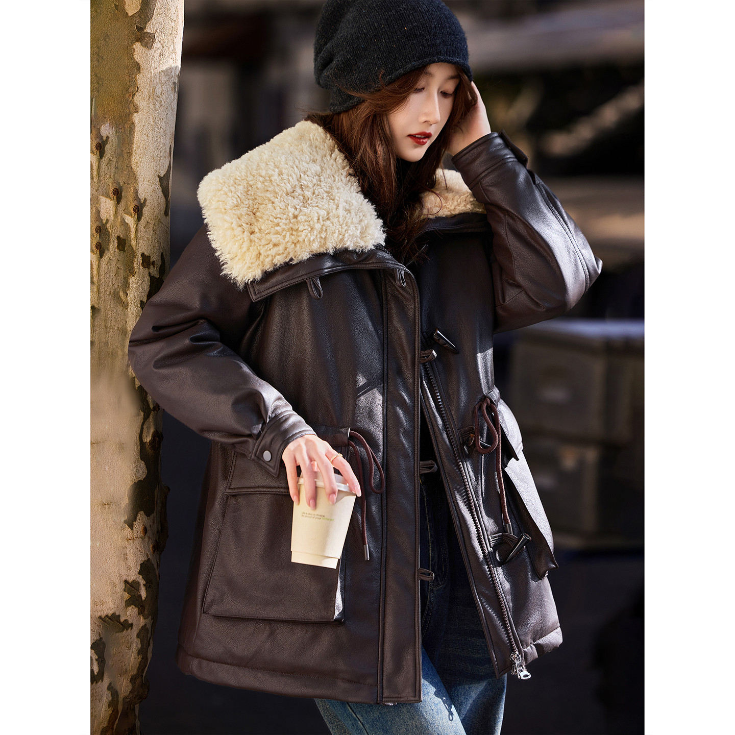 苏醒的乐园毛绒翻领皮衣棉服2025年冬季新款中长款棉衣女装外套