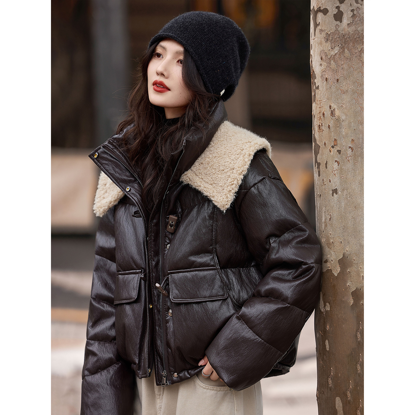 苏醒的乐园毛绒拼接羽绒服外套