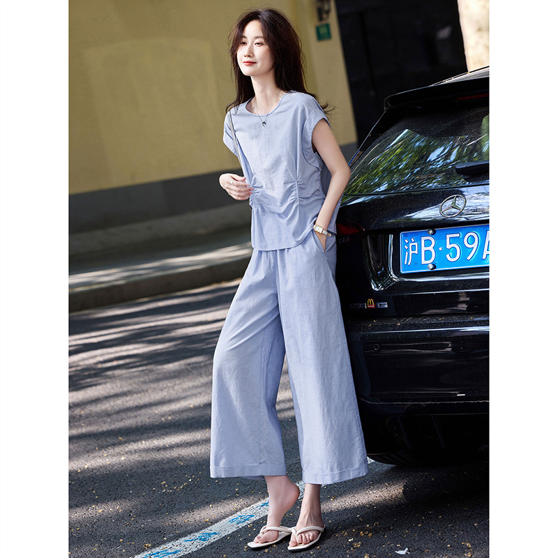 时尚气质套装夏季新款女显瘦职场风简约通勤阔腿裤两件套