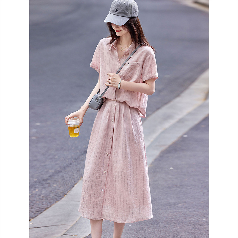 时尚气质套装2025年夏季新款女休闲甜美通勤慵懒风条纹半裙两件套