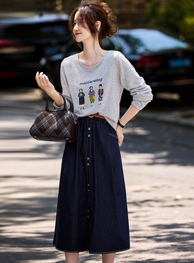 2025年秋季新款含羊毛套头针织衫牛仔半裙女装套装SXTZB25009