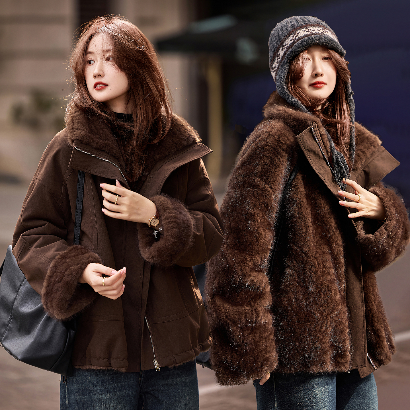 加厚两面穿仿皮草皮毛一体外套