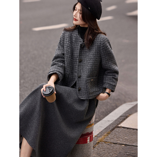 圆领毛呢羽绒服半裙套装2025年冬季新款女装两件套SXTZY25013