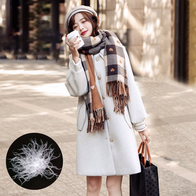 时尚娃娃领羽绒服2021年秋冬新款女士气质百搭显瘦中长款毛呢外套